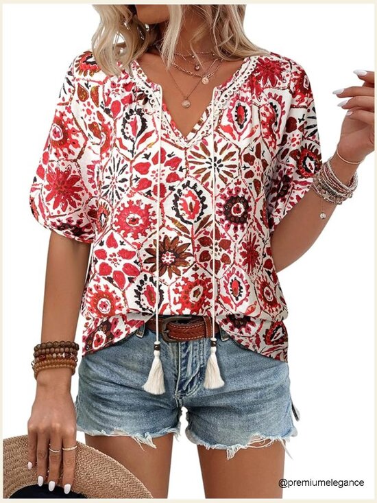 Tops - Boho Floral Print Tie Front Blouse Short Sleeve Vacation Top